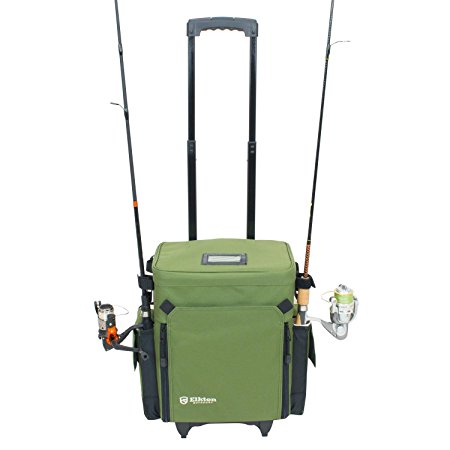 Elkton Outdoors Rolling Tackle Box Green / L 15.7 x W 9.6 x H 18.5 inches / 11 pounds / Waterproof / 5 Retractable Compartments / 4 Rod Holders / Rolling Fishing Tackle Bag / Roller Tackle Box