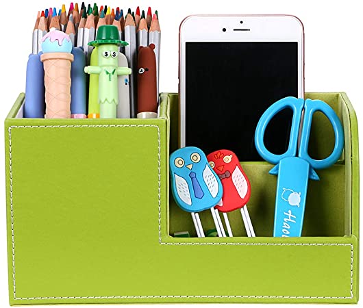BTSKY Desk Pen Pencil Holder Leather Multi-function Desk Stationery Organizer Storage Box Pen/Pencil, Cell phone, Business Name Cards Remote Control Holder Office Home Accessories Organizer Green