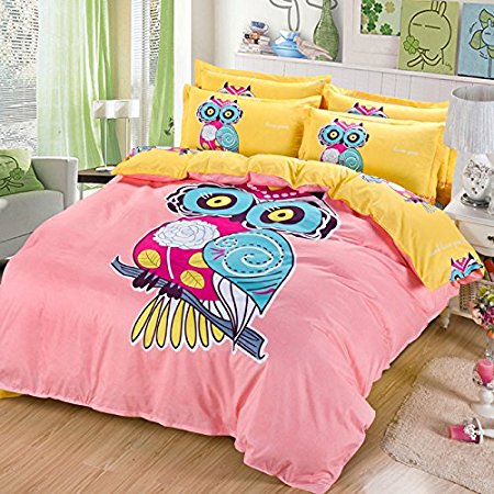 Sandyshow 2PC Owl Bedding For Children Twin Duvet Cover Set 100% Cotton, Full/Queen/King Size Optional