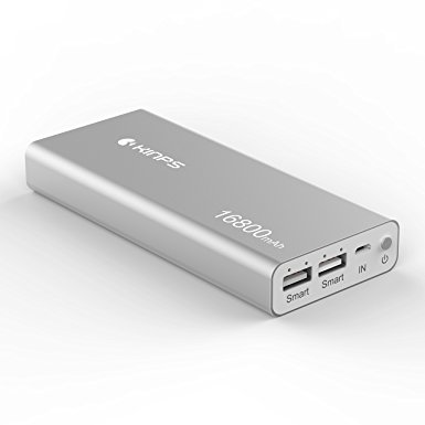 Power Bank Kinps 16800mAh Dual Ports Aluminum Case 2rd Generation Li-Polymer Battery Power Bank with Fast Smart Charging Technology for Phones Tablets and More Devices. (Silver)