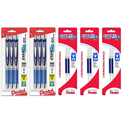 Pentel EnerGel Deluxe RTX Gel Ink Pens, 0.7 Millimeter Metal Tip, Blue Ink, 3-Pack (BL77BP3C) with 6 Blue Ink refills