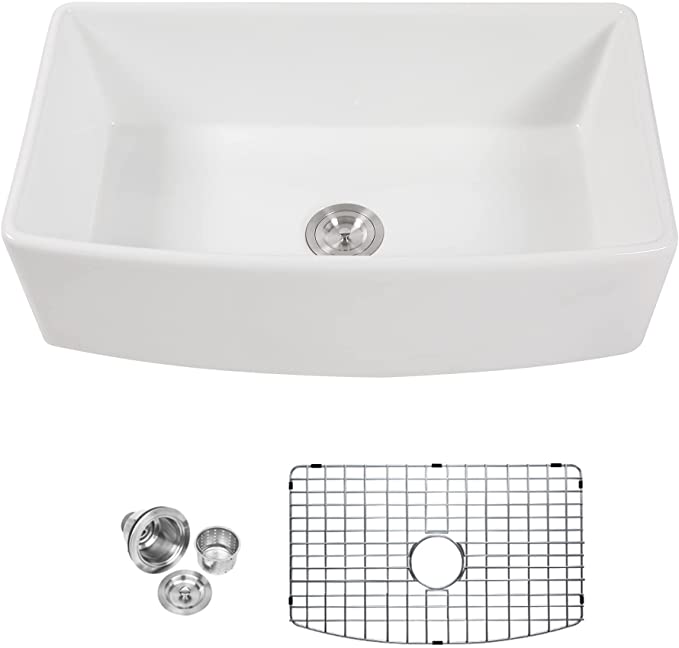 White Farmhouse Sink - Lordear 33 inch White Kitchen Sink Fireclay Ceramic Porcelain Arch Edge Apron Front Single Bowl Farm Kitchen Sinks
