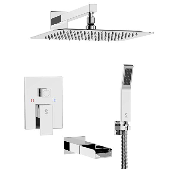 SR SUN RISE Tub Spout Shower System Combo Set with Rain Shower Head and Handheld Shower Head Wall Mounted Rainfall Shower Head System Polished Chrome Rough-in Valve Body and Trim Included