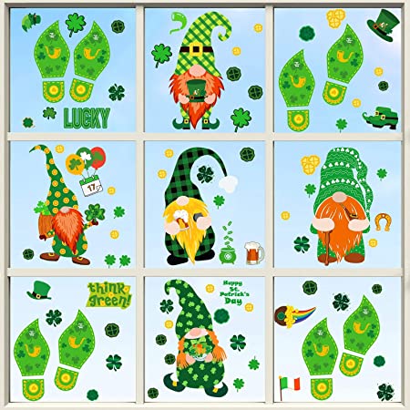 9 Sheet St Patrick's Day Decorations Shamrock Window Clings Stickers, Lucky Four Leaf Irish Clover Leprechaun Green Hat Gold Coins Window Decor for Saint Patrick's Day Home Party Supplies