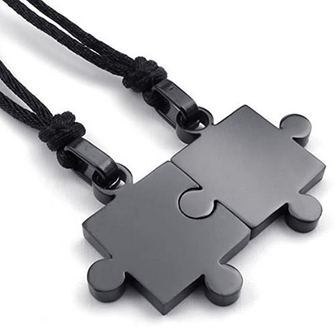 KONOV 2pcs Mens & Womens Couples Stainless Steel Puzzle Pendant Love Necklace Set, Black