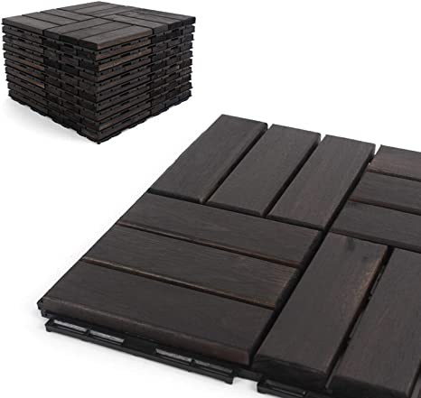 Deck Tiles - Patio Pavers - Acacia Wood Outdoor Flooring - Interlocking Patio Tiles - 12"x12" (20 Pack) - Ebony Finish - Checker Pattern Decking