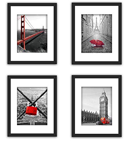 SmartWallStation 4Pcs 1Pcs 11x14 Tempered Glass Wood Frame Black White, with 3X Mat Fit 8x10 5x7, 2 Holes 4x6 inch Family Kid Photo, Wall Horizontal Office Sea Beach Flower (9 Set Pictures) (1)
