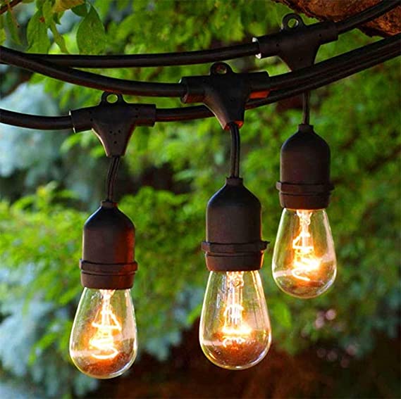48Ft Outdoor String Lights with 15 Waterproof S14 Edison Clear Bulbs 11 Watts Vintage Outdoor Commercial String Lights Hanging Bistro Lights Patio Backyard Party Tent Lights- Black Wire