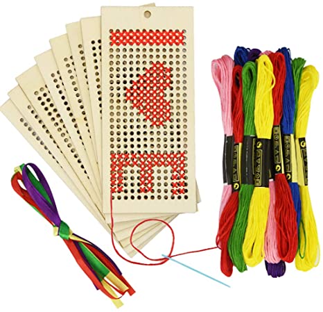 8Pcs Art and Crafts Sewing Wooden Bookmark Cross Stitch Embroidery Kit   12pcs Sewing Threads for Kids and Teens(Not Include Instructions)