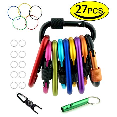 Heth 27PCS Aluminum Locking Carabiner Clip,d Ring carabiners Spring Hook Keychain Ring caribeaner Clip d Shape Hiking Clips(Not for Climbing)