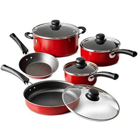 9-Piece Red Simple Cooking Nonstick Stay-Cool Handles Riveted Heat- And Shatter-Resistant Tempered Glass Lids Dishwasher-Safe Cookware Set