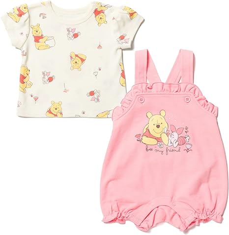 Disney Minnie Mouse Winnie the Pooh Baby Girls French Terry Short Overalls and T-Shirt Newborn to Infant