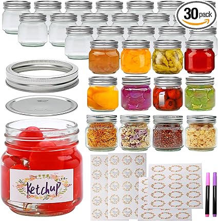 Small Glass Mason Jars, 8 oz Glass Jar with Lid 30 Pack,Half Pint Canning Jars with Silver Lids,Storage Pickling Jars For Jelly, Jam, Honey, Pickles and Spice