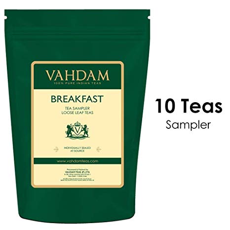 Breakfast Tea Sampler - 10 TEAS, 50 Servings | 100% PURE SPICES | Black Tea, Chai Tea, Green Tea & Herbal Tea | Loose Leaf Breakfast Teas | Tea Variety Pack & Tea Gift Set | Loose Tea -3.53Oz