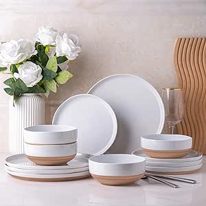 AmorArc Ceramic Dinnerware Sets for 4, 12 Pieces Handpainted Plates and Bowls Set with a Wooden Type color Bottom, Scratch Resistant Stoneware Dishes Set, Dishwasher & Microwave Safe, White