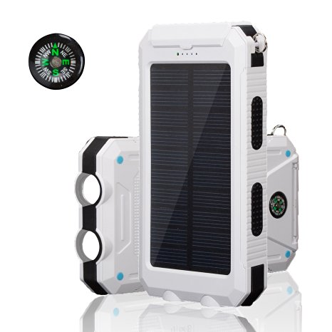 Solar Charger, SOMAN® Solar Powered Charger 10000mAh Portable Solar Charger with Dual USB Output & Two LED Flashlight Rain-resistant Shockproof Rustproof Banks Power (white)