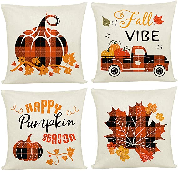 Joyshare Fall Throw Pillow Covers 18x18 Inch Set of 4 Autumn Decorations Cotton Pumpkin Truck Cushion Case for Farmhouse Sofa Couch Home Decor