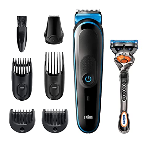 Braun All-in-one trimmer MGK5245, 7-in-1 Beard Trimmer, Hair Clipper, Detail Trimmer, Rechargeable, with Gillette ProGlide Razor, Black/Blue