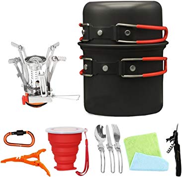 Bisgear 13pcs Camping Cookware Stove Carabiner Canister Stand Tripod Collapsible Cup Utensils Mess Kit Backpacking Cooking Gear Hiking Pot Pans Outdoors Cookset Bug Out Bag Wine Opener