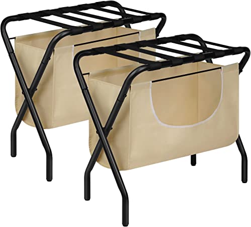 ELYKEN 2 Pack Luggage Rack with Removable Laundry Bag for Guest Room, Heavy Duty Nylon Belts of Max 110LBS Load Folding Space Saving Suitcase Holder with Dirty Clothes Storage for Bedroom Hotel