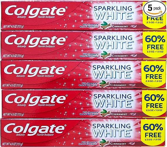 Colgate Cinnamint Fluoride Toothpaste with Cinnamon and Natural Mint Flavor, Deep Tooth and Gum Cleaning Gel with Gentle Whitening, Fights Cavities and Plaque, Kids and Adults, 5 Pack