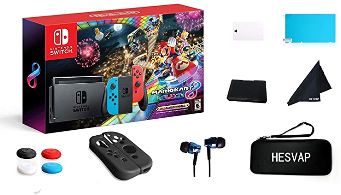 Nintendo Switch Mario Kart 8 Deluxe with Neon Blue & Red Joy-Con Consoles, 6.2" Touchscreen LCD Display, 32GB Internal Storage, 802.11AC WiFi, Bluetooth 4.1 W/GM 13 in 1 Supper Kit Case