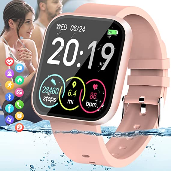 Pradory Smart Watch, Fitness Watch Activity Tracker for Android iOS Phones, Ip67 Waterproof Bluetooth Smartwatch Touch Screen Sports Watch with Heart Rate Blood Pressure Monitor Women Men Pink