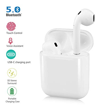 True Wireless Earbuds Bluetooth 5.0 Touch Control Headphones 3D Stereo Sound in-Ear Headsets Built-in Mic Earphones with 【24Hrs Charging Case】 for Smartphones (white)