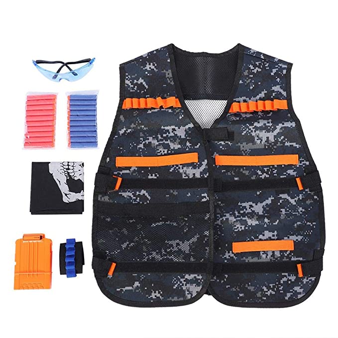 Tactical Vest Kit, Thickened Jacket with 20 Pcs Soft Foam Darts Bullets, 6-Storage Quick Reload Clips, Wrist Band, Goggle, Face Mask