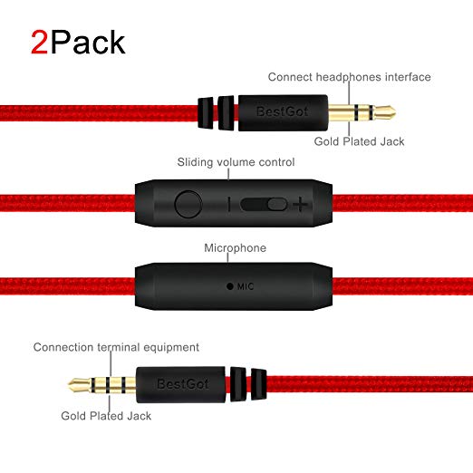 BestGot Headphone Cable 3.5mm Audio Cord with Microphone in-line Volume (4.3ft / 1.3m) for PS4 Controller, Headphones, Home/Car Stereos and More(2 Pack Red)