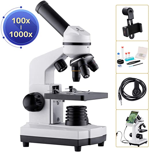BNISE 100–1000x professional Microscope for students and kids, with Double LED Lamp - Full Metal Eyepiece and Full Optical Glass Lens, with Smartphone Adapter Storage Bag Slice and Accessories Set