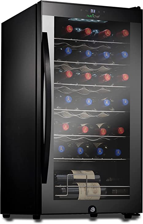 NutriChef 28 Bottle Compressor Wine Cooler Refrigerator Cooling System | Large Freestanding Wine Cellar Fridge For Red And White Champagne or Sparkling, Black Glass Door