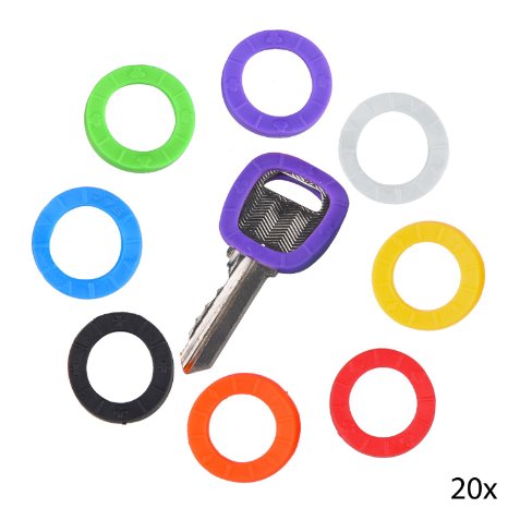 20 Pack of Key Identifier Rings - Plastic Key Cap Sleeve Rings in 8 Different Colors - Choose Your Own Color Coding System to Tag Your Keys - Perfect to Identify Your Keys Immediately
