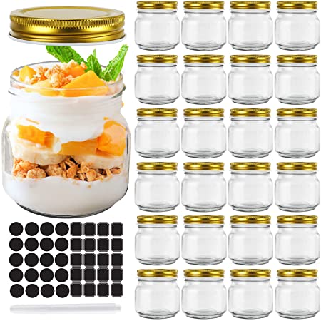 24 Pack 8oz Glass Mason jars With Regular Mouth Lids, 250 ml Perfect Containers for Jam, Honey, Candies,Wedding Favors, Decorations, Baby Foods. Included 1 Pens and 80 Labels.