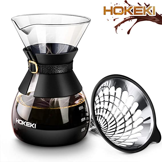 HOKEKI Pour Over Coffee Maker with Stainless Steel Dripper, BPA-Free Borosilicate Glass Carafe Coffee Kettle & Heat-resistant Silicone Grip, 27oz