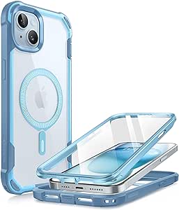 i-Blason AresMag for iPhone 15 Case/iPhone 14 Case/iPhone 13 Case [6.1 inch], [MagSafe Compatible] Full-Body Shockproof Rugged Clear Bumper Case with Built-in Screen Protector (Blue)