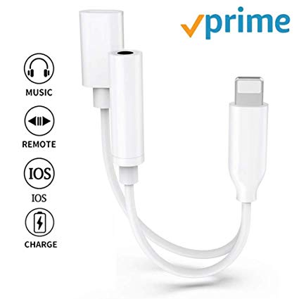 Headphone Adapter for iPhone X Adapter Aux Audio to 3.5mm Jack 2 in 1 Cables for iPhone 8 Earphone Dongle Splitter Adapter for Music and Charging for iPhone 7/7Plus/XS Support All iOS Systems-White