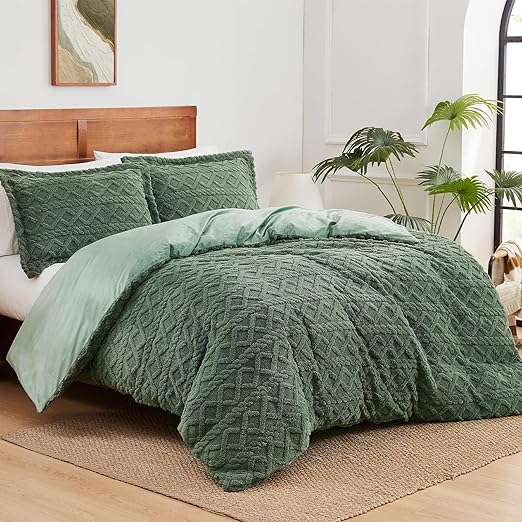 Topcee Green Duvet Cover King Size-Tufted King Duvet Cover Set-Extremely Fluffy Soft Plush, 3 Pieces with Zipper Closure (1 Bedding Duvet Cover 104x90 inches and 2 Pillow Shams)