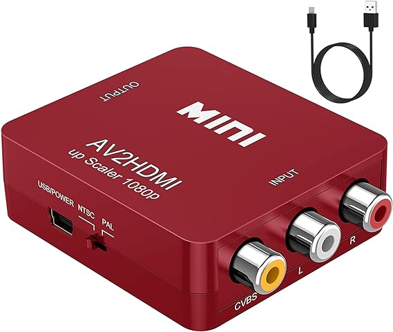 ABLEWE RCA to HDMI,AV to HDMI Converter, 1080P Mini RCA Composite CVBS Video Audio Converter Adapter Supporting PAL/NTSC for TV/PC/ PS3/ STB/Xbox VHS/VCR/Blue-Ray DVD Players, Red