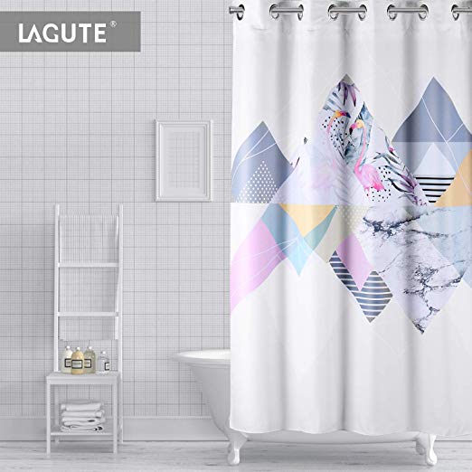 Lagute SnapHook Nature Hookless Shower Curtain | Removable Liner | Weight Added Thicker Liner | Machine Washable | Gray Flamingo
