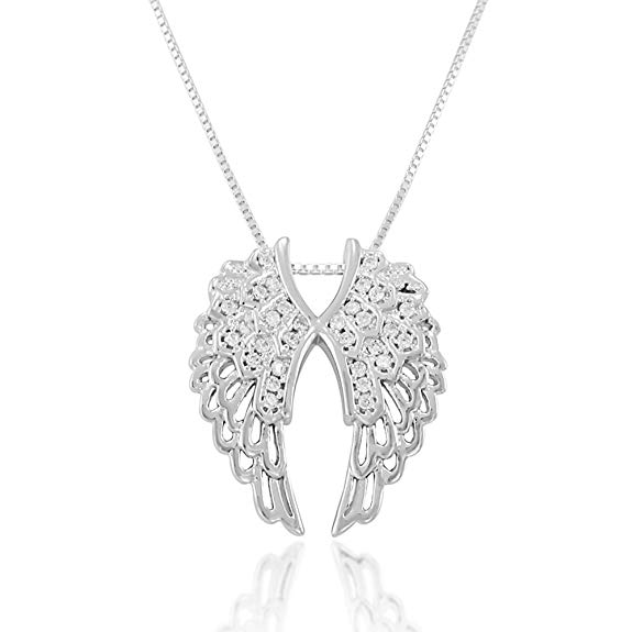 Chuvora 925 Sterling Silver Sparkling CZ Open Angel Heart Wings Pendant Necklace, 18 inches