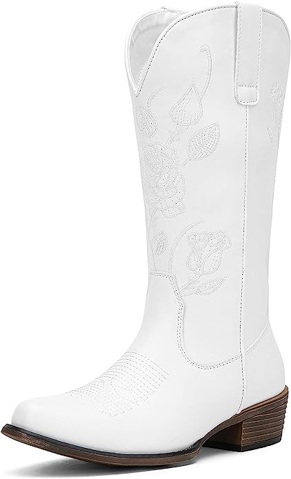 Jeossy Women's 9807 Embroidery Flower Western Square Toe Knee High Cowboy Boots