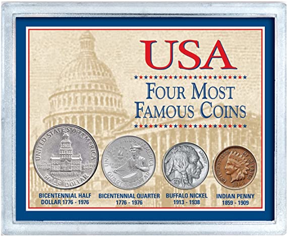 USA Four Most Famous Coins, Genuine Coin Set, Buffalo Nickel, Indian Head Cent, Bicentennial Half Dollar and Quarter, Certificate of Authenticity – American Coin Treasures