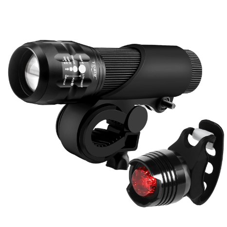 HiHiLL Bicycle Light Set, Waterproof 300 Lumens LED Headlight and Taillight, Zoomable Bike Front Flashlight & Rear Bike Light