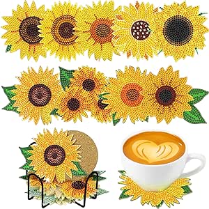 Nuanchu 18 Pcs Sunflower Diamond Art Coasters Kit with Holder DIY Spring Flower Diamond Coasters Sunflower Crafts for Adults Beginners Kids Art Craft Supplies, 9 Styles