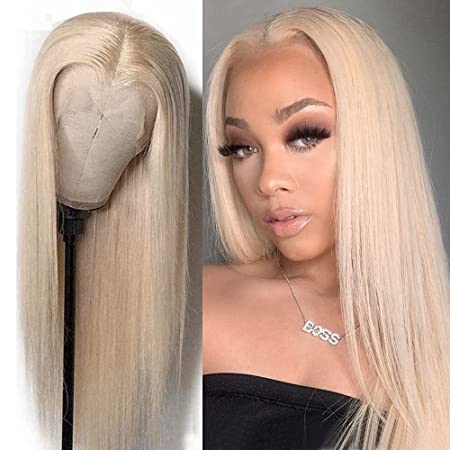 QD-Tizer Platinum Blonde Lace Front Wig Long Straight Hair Wigs #613 Blonde Color Heat Resistant Fiber Hair Synthetic Lace Front Wigs for Fashion Women