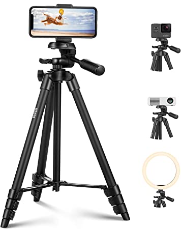 Lightweight Phone Tripod for Camera and Phone 55inch/140cm Ultra-Portable Travel Tripod for Cellphone, with Universal Phone Mount and 1/4 Quick Release Plate Compatible with iOS and Android Phone