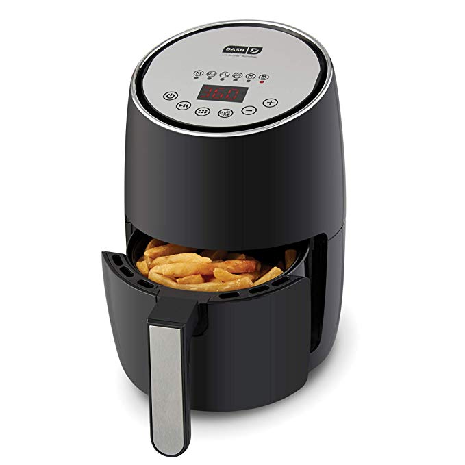 DASH Compact Electric Air Fryer   Oven Cooker with Digital Display, Temperature Control, Non Stick Fry Basket, Recipe Guide   Auto Shut Off Feature, 1.6 L, up to 2 QT, Black