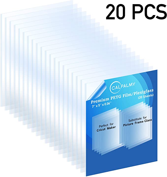 CalPalmy 20 Pack of 5x7” PETG Sheet/Plexiglass Panels 0.040” Thick; Use for Crafting Projects, Picture Frames, Cricut Cutting and More; Protective Film That is Safe for Adults and Children