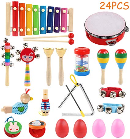 NEWSTYLE Musical Instruments, 24Pcs 13 Types Wooden Percussion Instrument Toys Tambourine Xylophone Drums Early Learning Musical Toys Set for Boys Girls with Carrying Bag